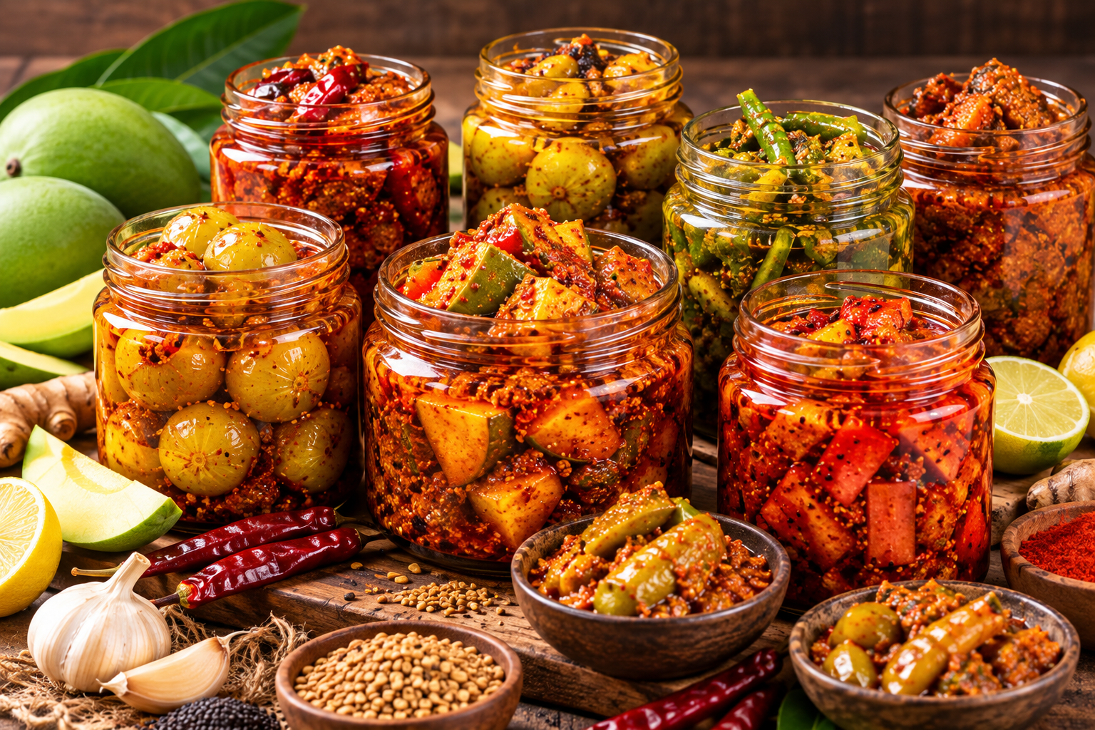 Variety of Indian pickle jars including mango, gooseberry and mixed vegetable pickle